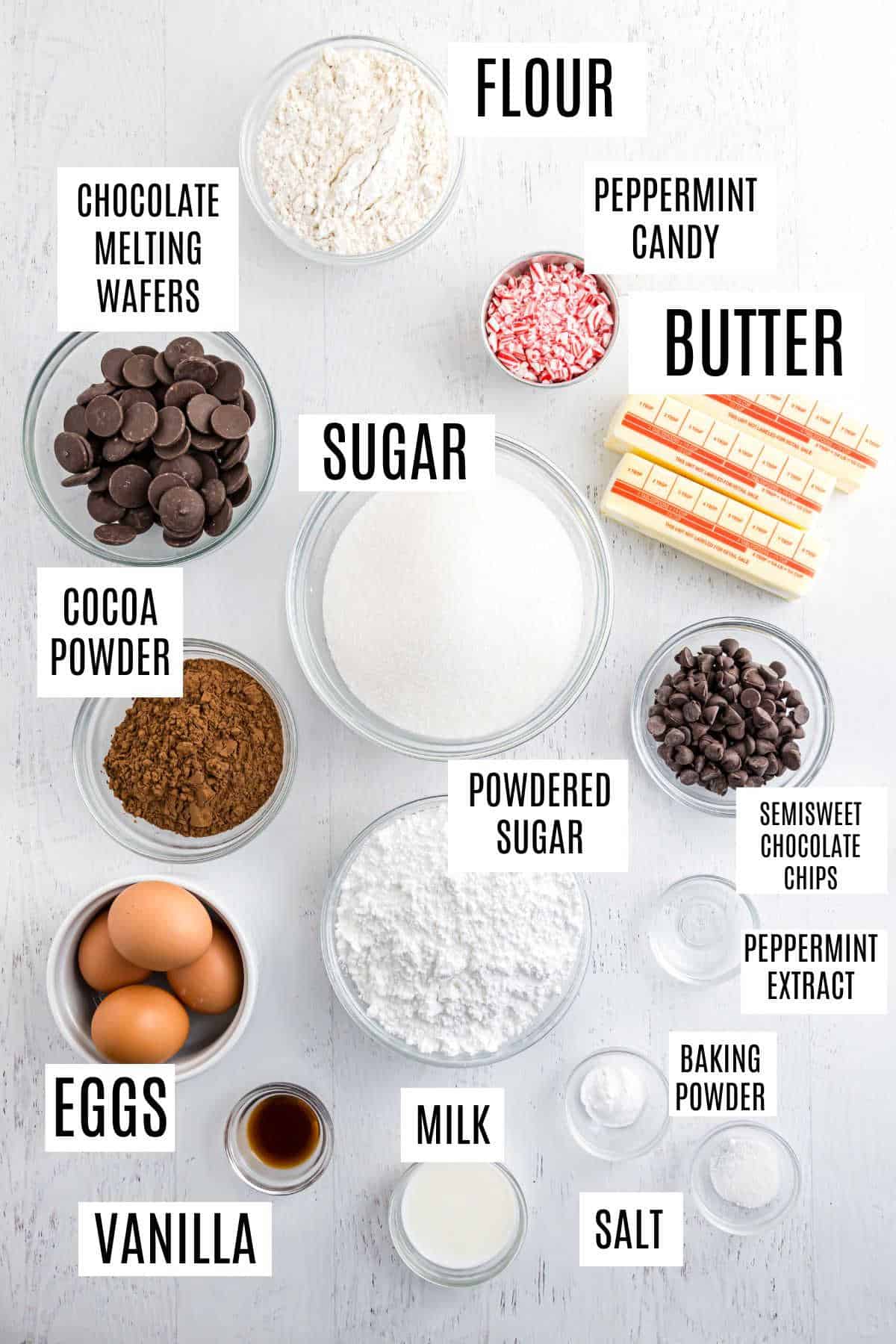 Ingredients needed to make peppermint brownies.