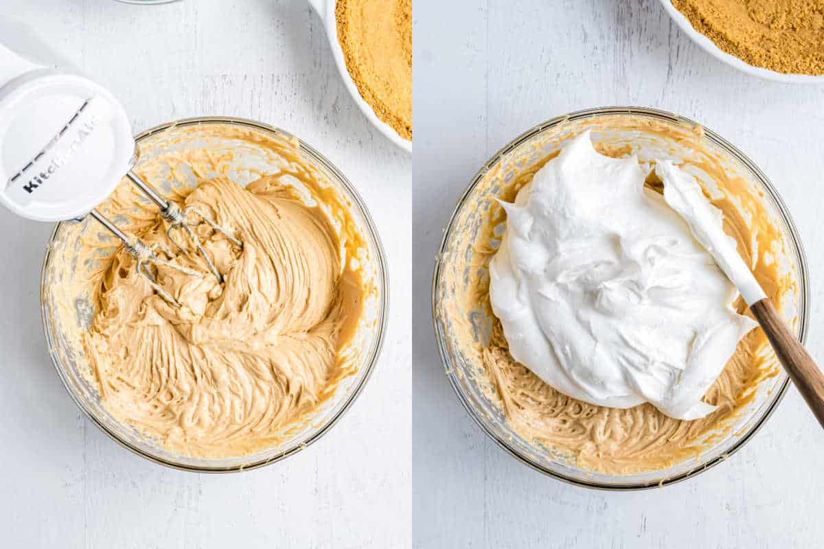 Step by step photos showing how to make no bake peanut butter pie filling.