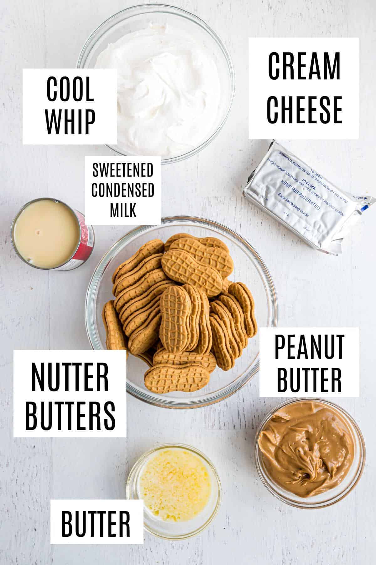 Ingredients needed to make no bake peanut butter pie.