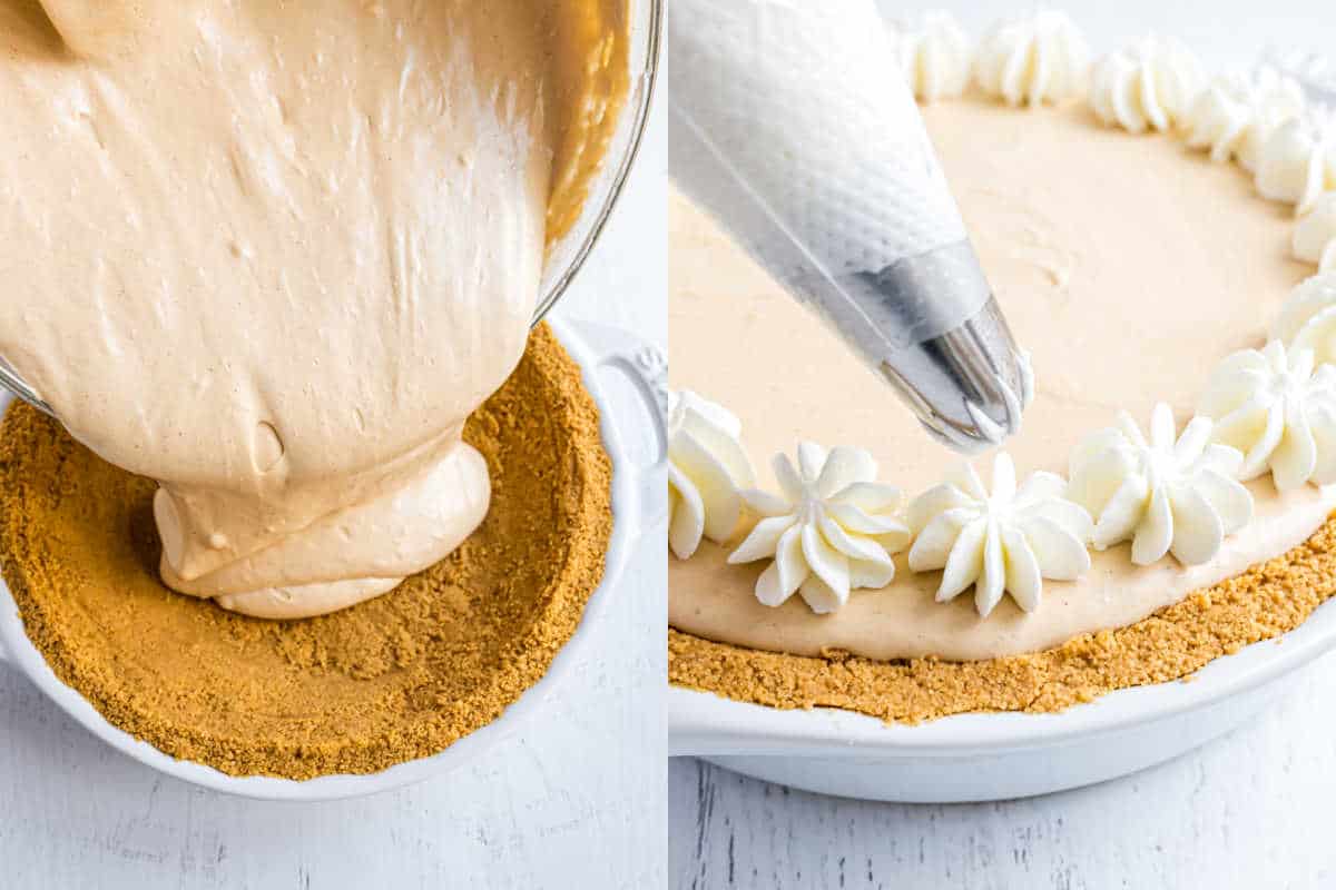 Step by step photos showing how to asemble peanut butter pie.