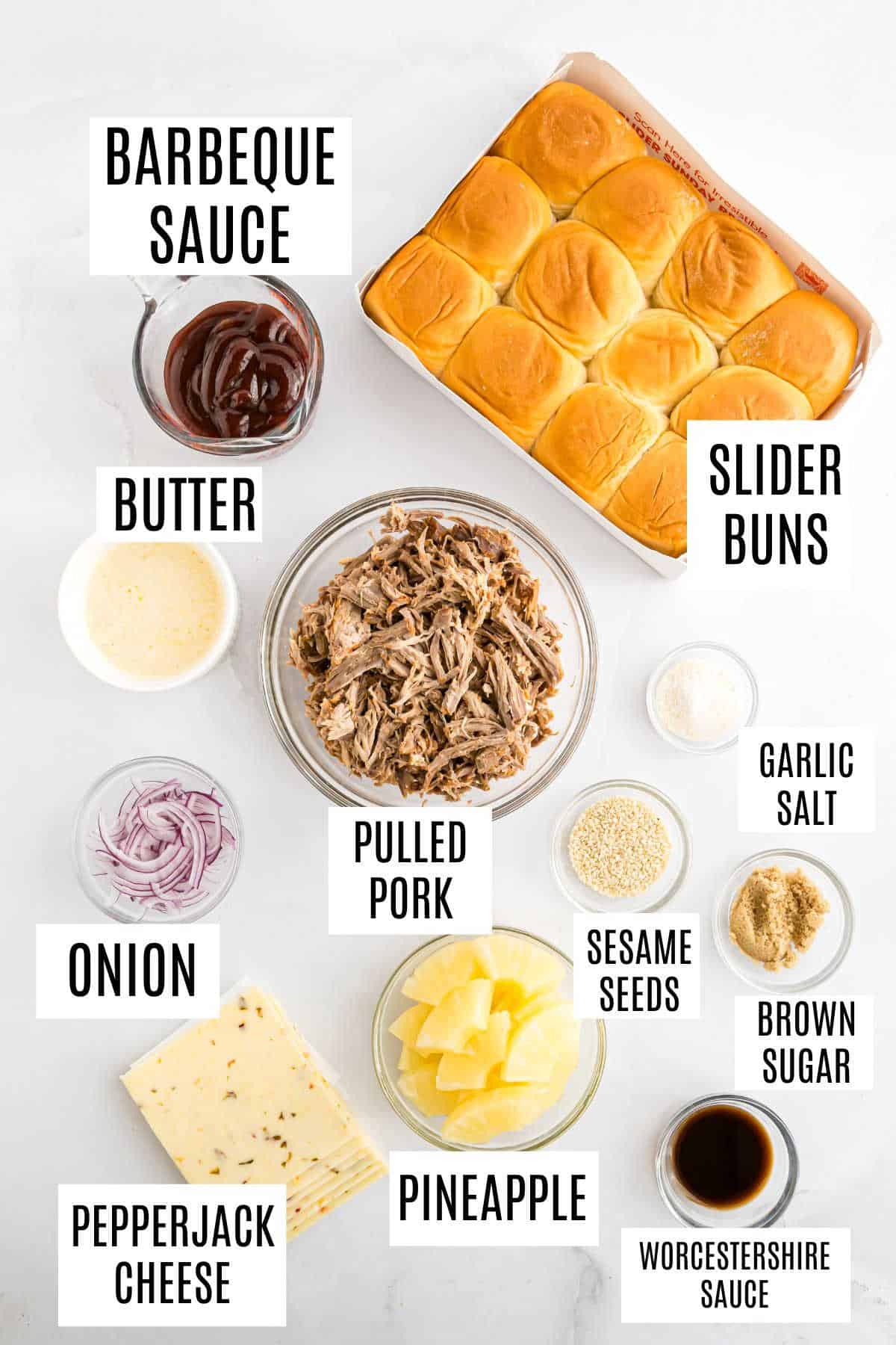 Ingredients needed to make pulled pork sliders.