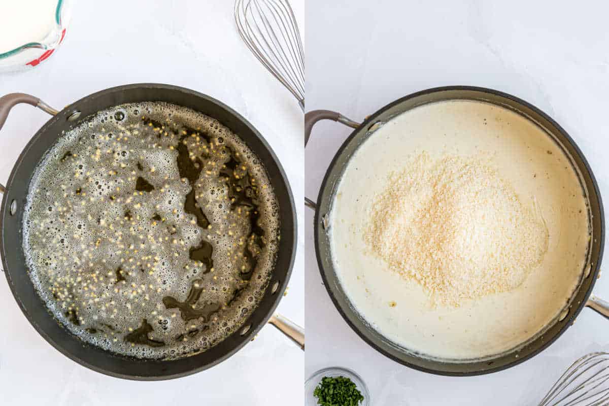 Step by step photos showing how to make alfredo sauce from scratch.