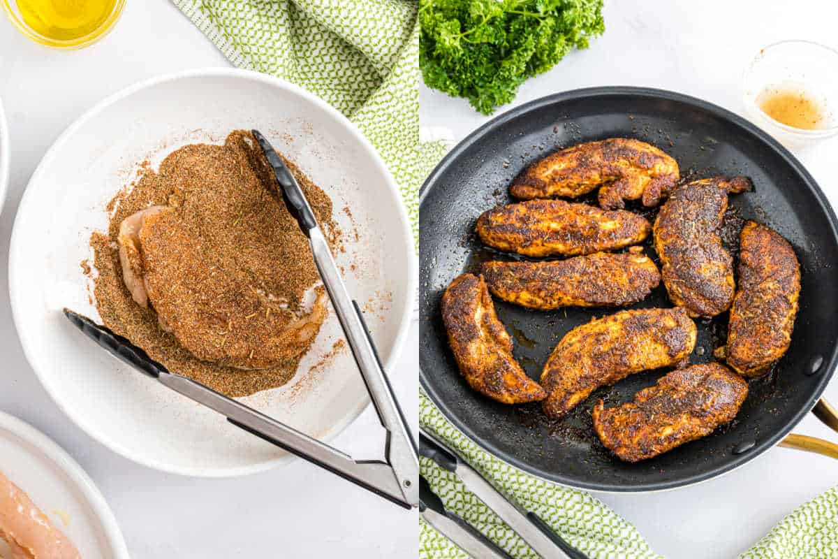 Step by step photos showing how to make blackened chicken tenders in a skillet.