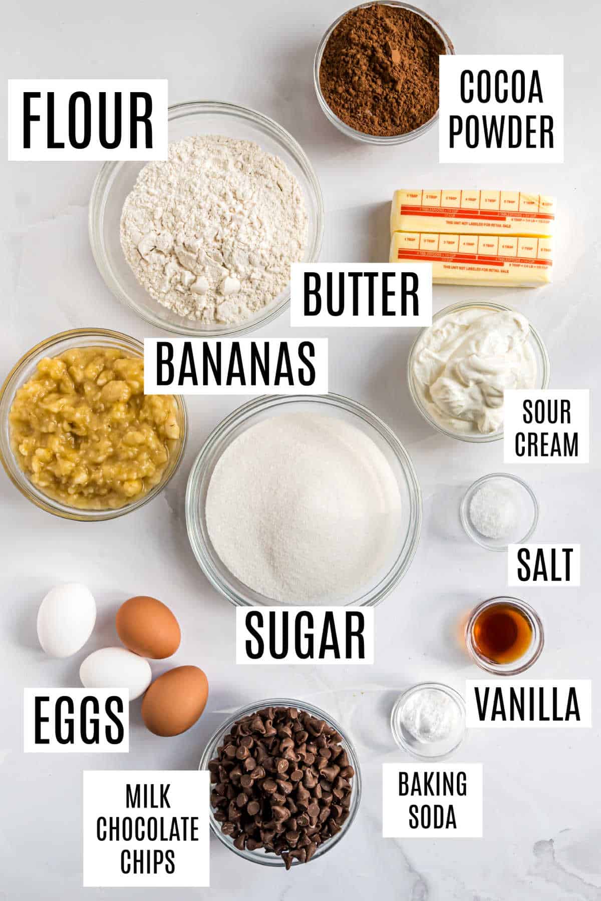 Ingredients needed to make chocolate banana bread.