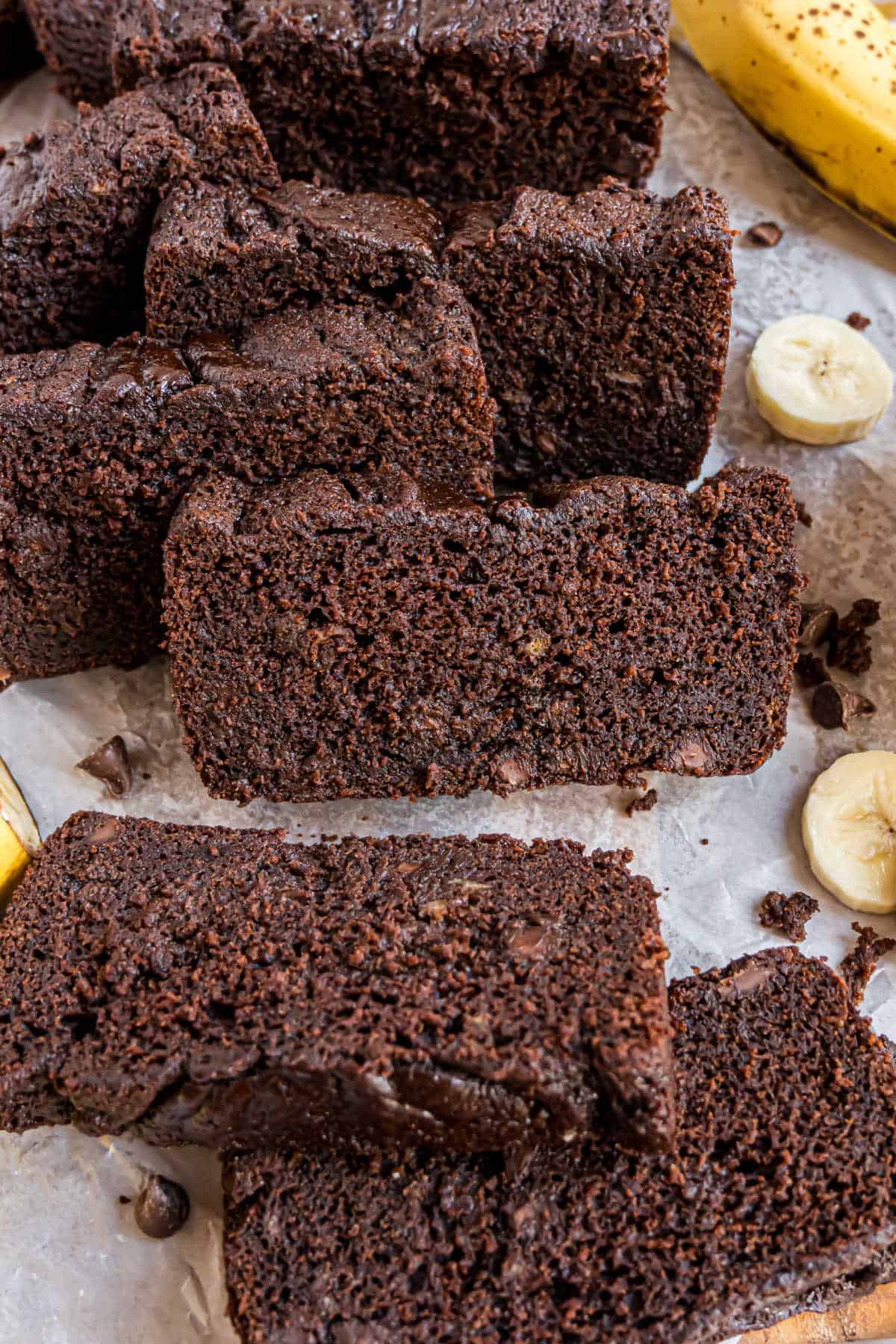 Slices of chocolate banana bread.