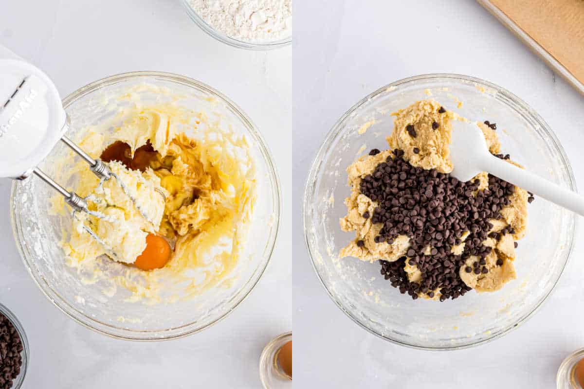 Two images display the creation of chocolate chip snowball cookies: On the left, a mixing bowl with ingredients and eggs alongside a hand mixer; on the right, dough is adorned with chocolate chips, poised for shaping with a spatula.