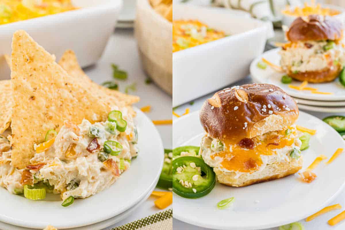 Close-up of jalapeño popper dip with tortilla chips and a jalapeño slider on a white plate, reminiscent of the rich flavors in a jalapeño popper chicken casserole.