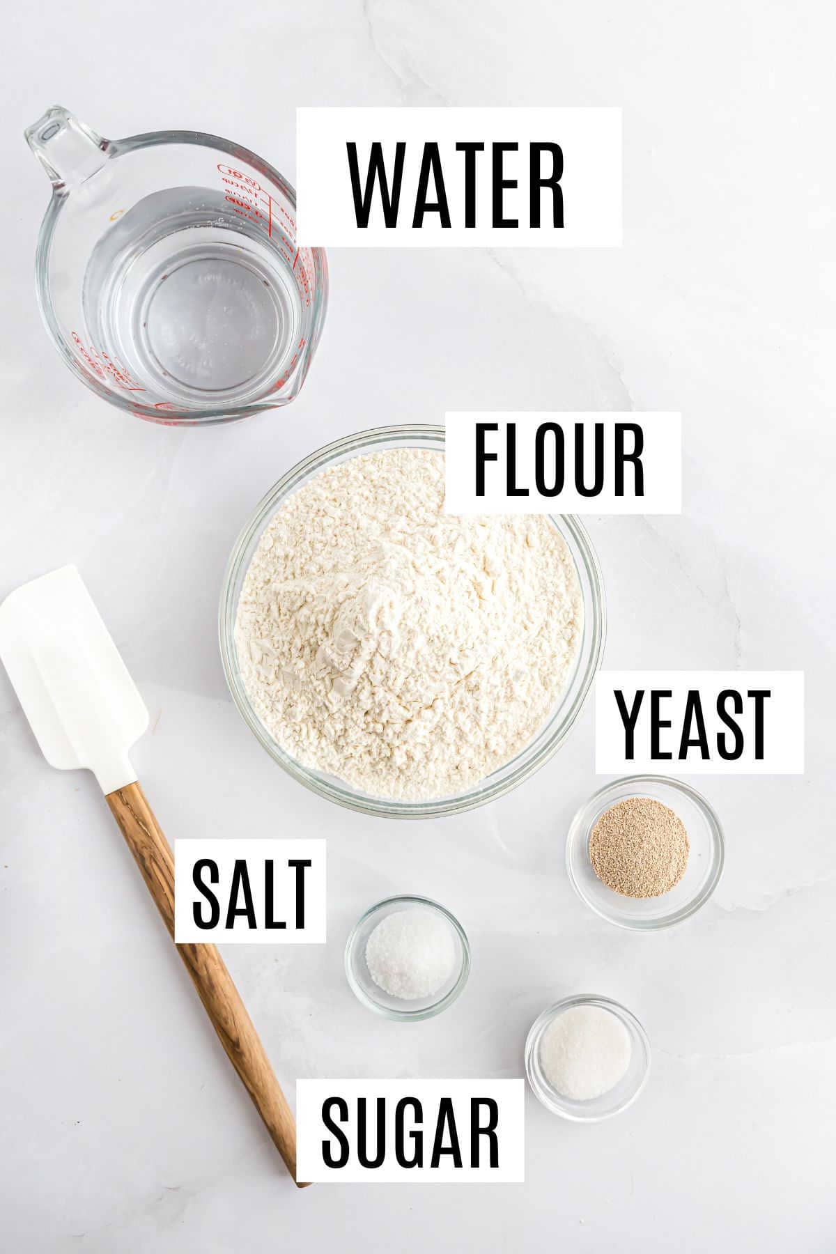 Ingredients needed to make no knead artisan bread.