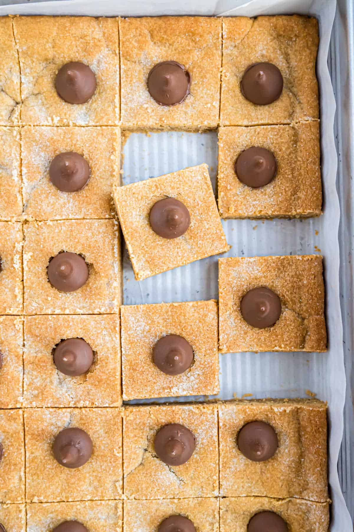 Peanut butter bars in a 13x9 cut into squares.