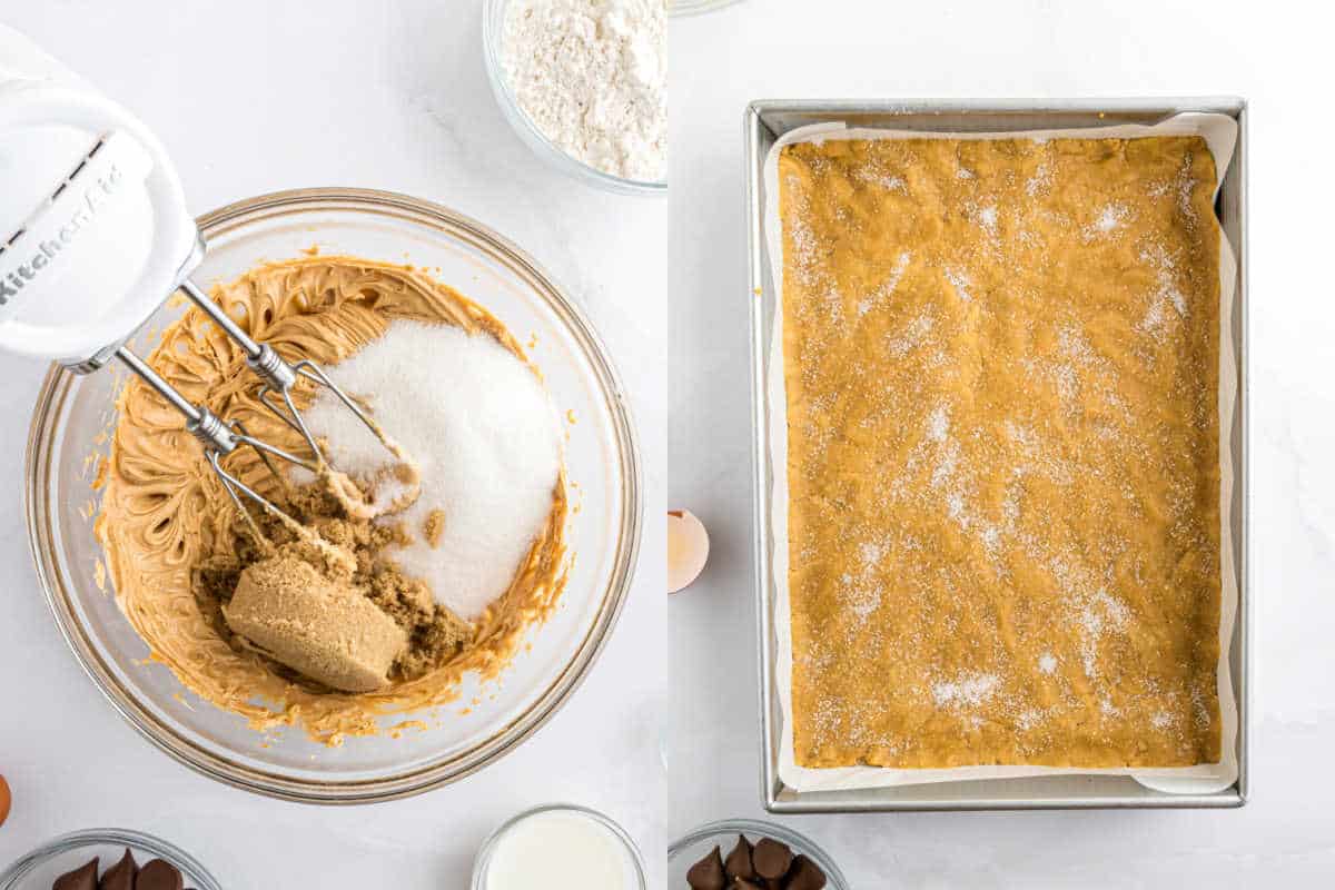 Step by step photos showing how to make peanut butter bar cookie dough.