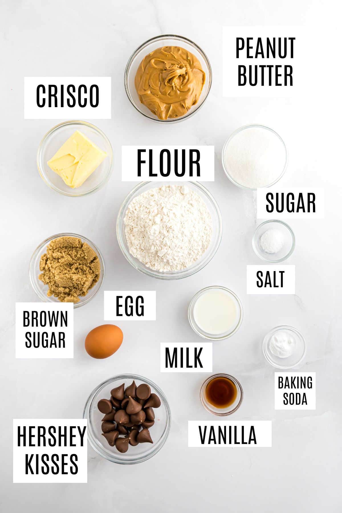 Ingredients needed to make peanut butter blossom bars.