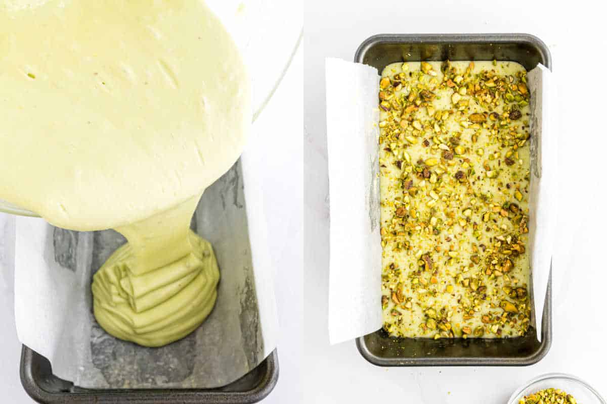 Batter being poured into a loaf pan on the left, transforming into delightful pistachio bread on the right with a generous topping of crunchy pistachios.