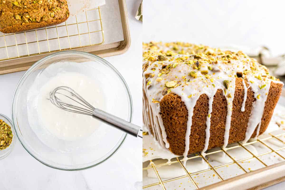 Whisking glaze in a bowl for the pistachio bread, with a pistachio-topped loaf glistening on a cooling rack.