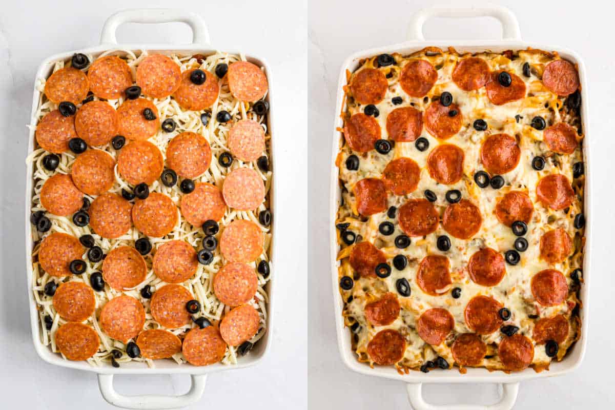 Step by step photos shwoing how to bake pizza casserole.