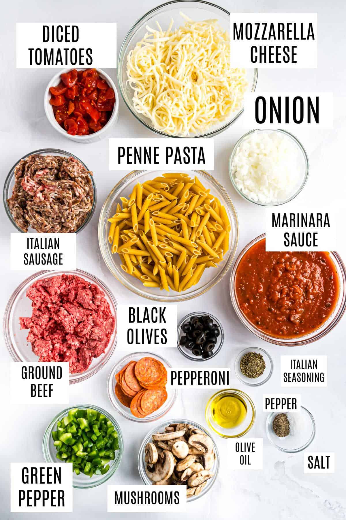 Ingredients needed to make pizza casserole.