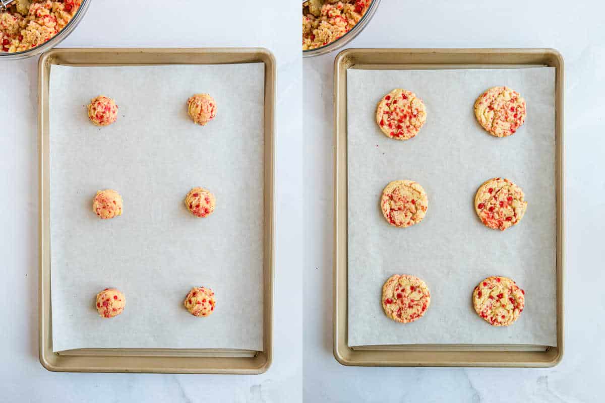 Step by step photos showing how to bake red hot cookies.