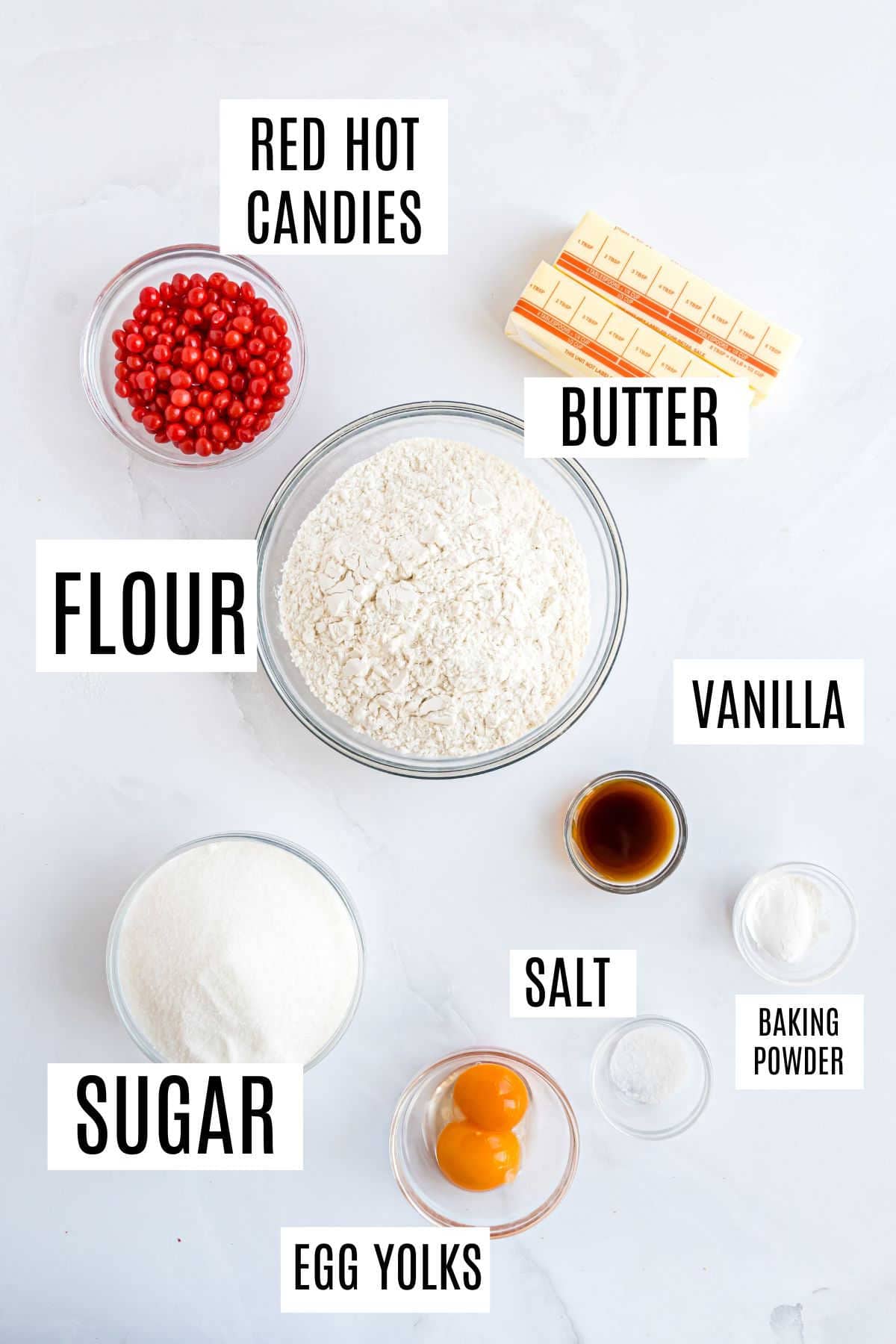 Ingredients needed to make red hot cookies.