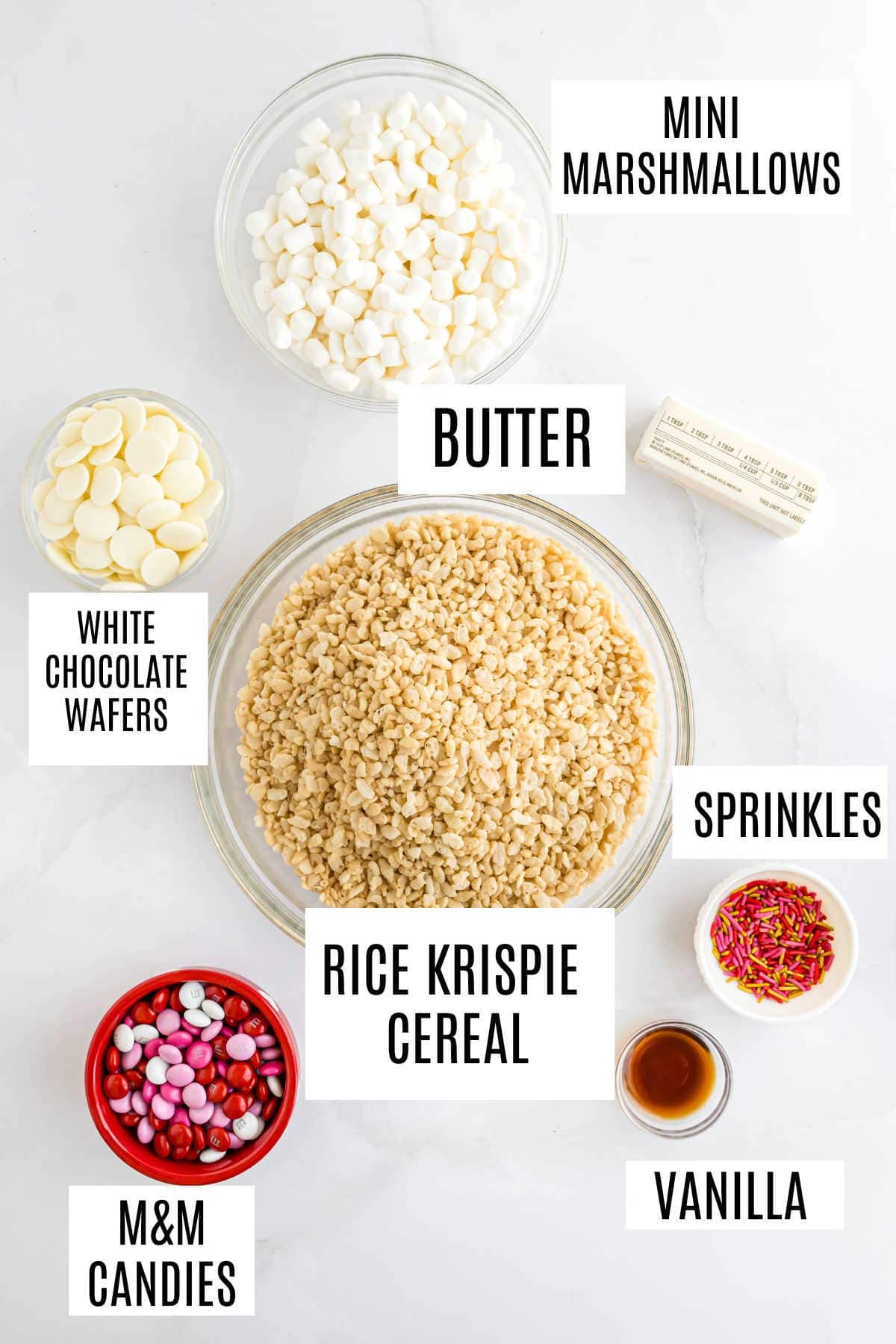 Ingredients needed to make valentine rice krispie treats.