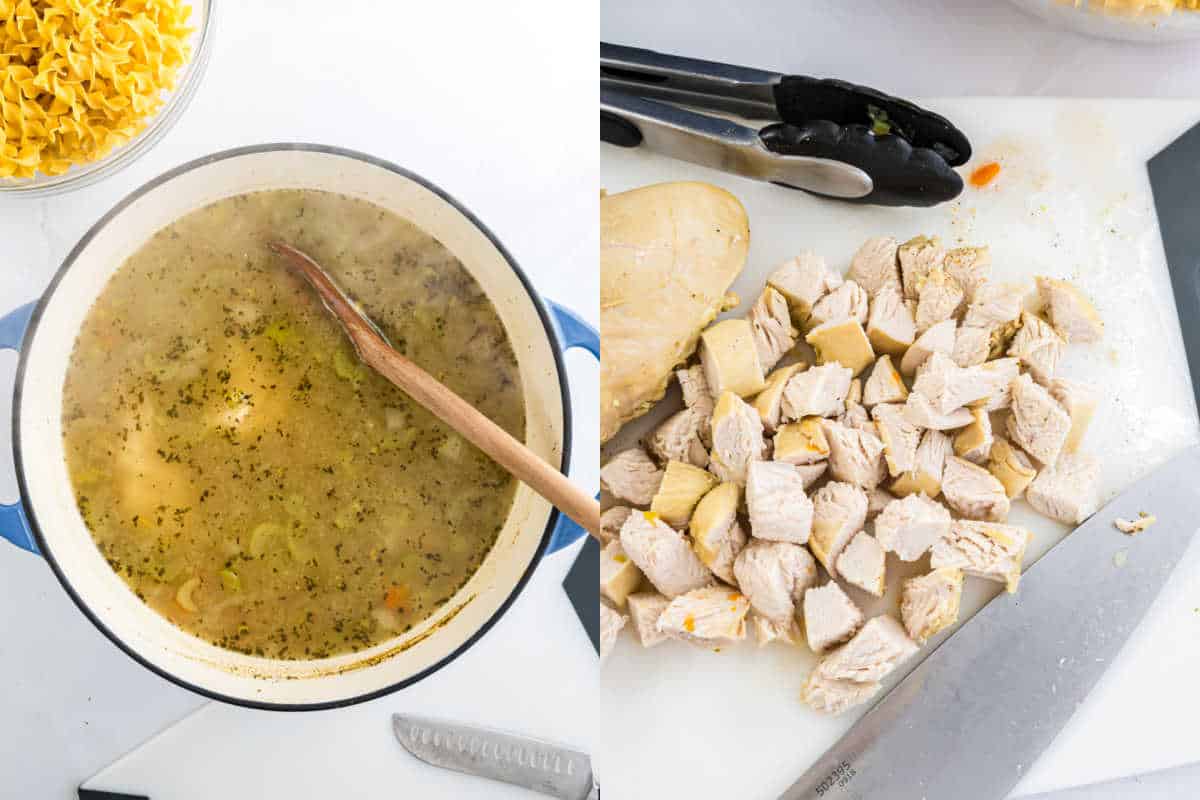 A pot of chicken noodle soup with herbs and a wooden spoon; beside it, chopped chicken on a cutting board with a knife and tongs.