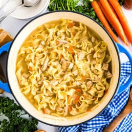 A cozy pot of chicken noodle soup with vegetables, enveloped by fresh carrots, parsley, and a blue checkered cloth.