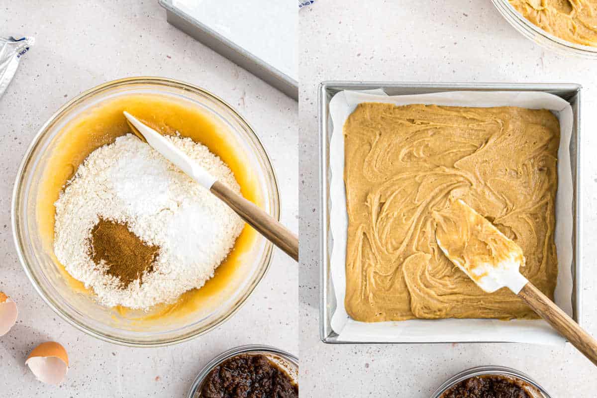 Two-panel image: Left shows a bowl of cake batter ingredients for cinnamon roll blondies; right displays the batter spread in a square baking pan.