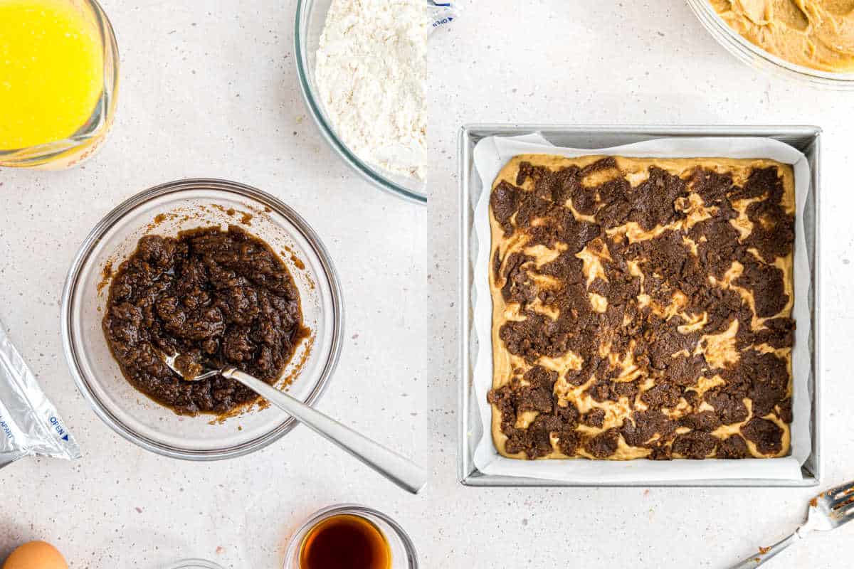 Side-by-side images showcase the transformation from a bowl of brownie mixture to luscious cinnamon roll blondies batter spread evenly in a baking pan.