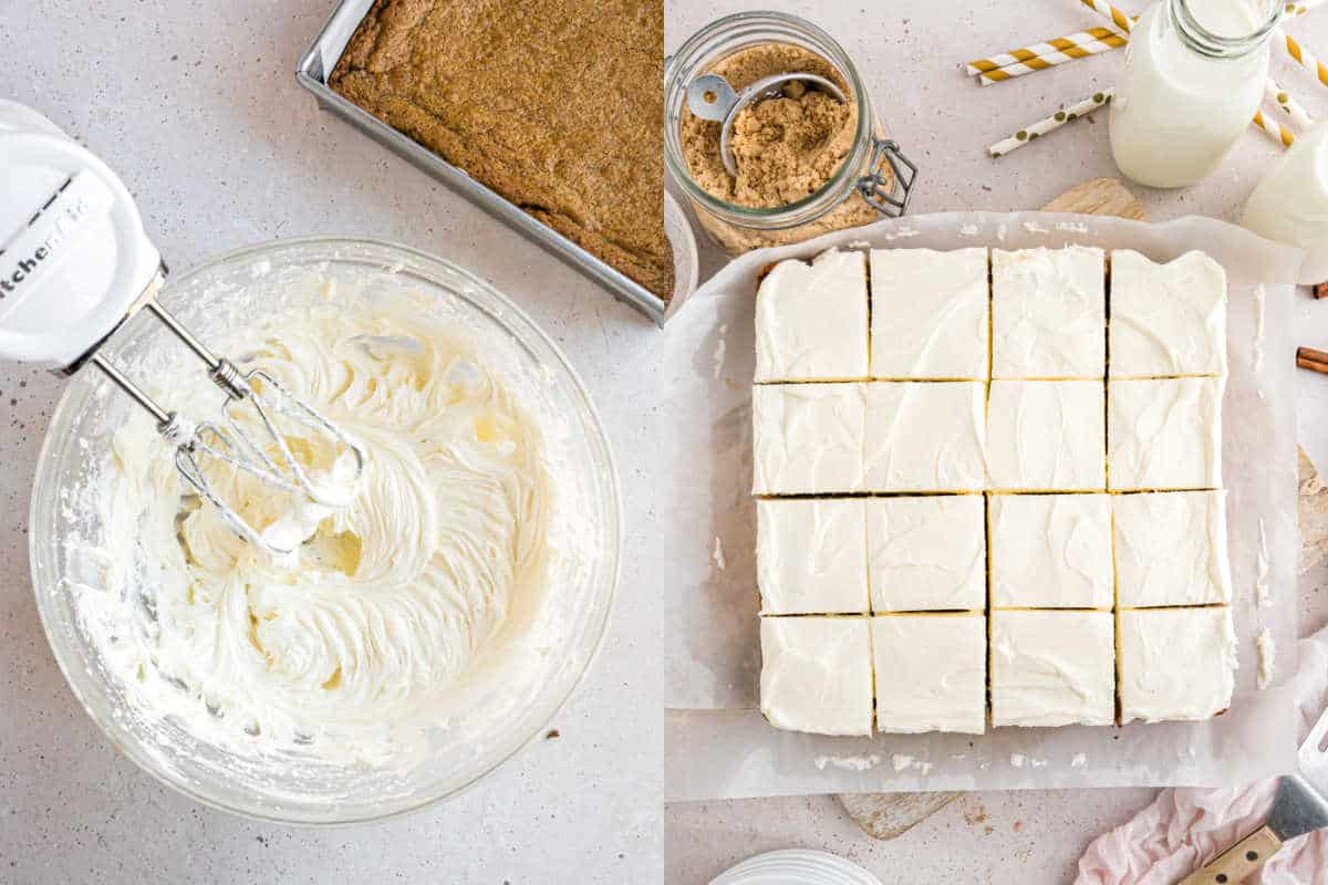 A bowl of whipped frosting sits next to a tray of cinnamon roll blondies, each topped with a swirl of frosting, surrounded by baking essentials.