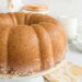 Kentucky butter cake on a white cake plate.